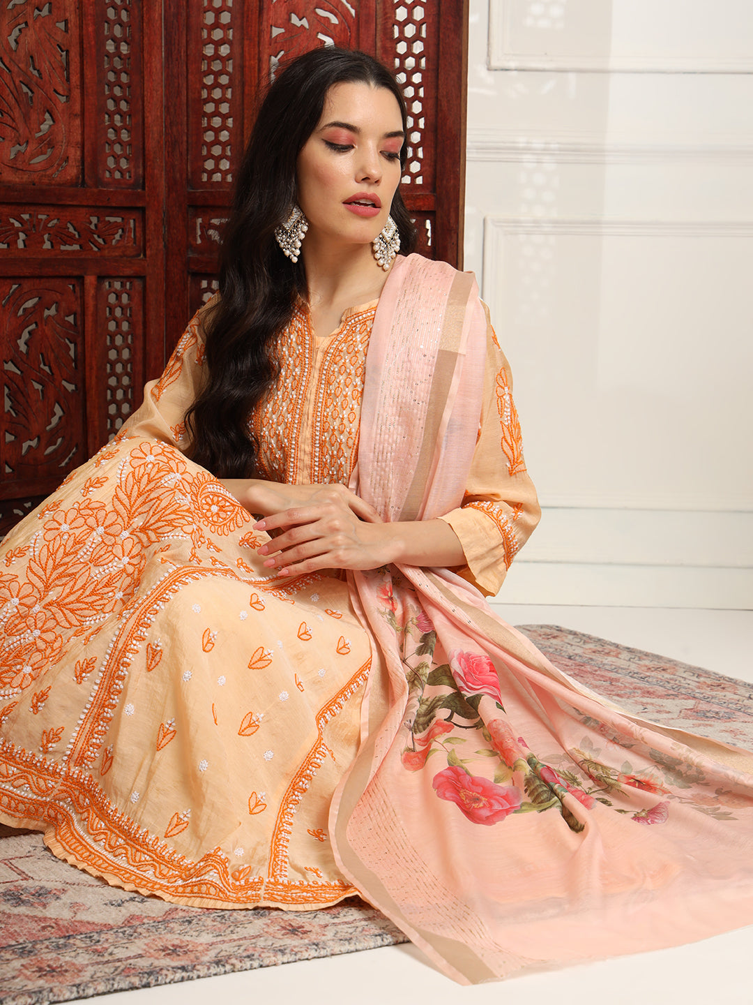 Women's Chikankari Premium Chanderi Orange Kalidar Kurta Set