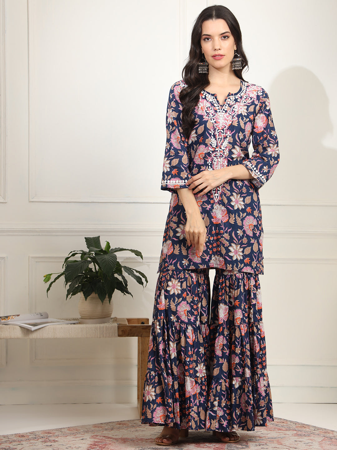 Women's Block Print Fusion With Chikankari Kurta And Sharara