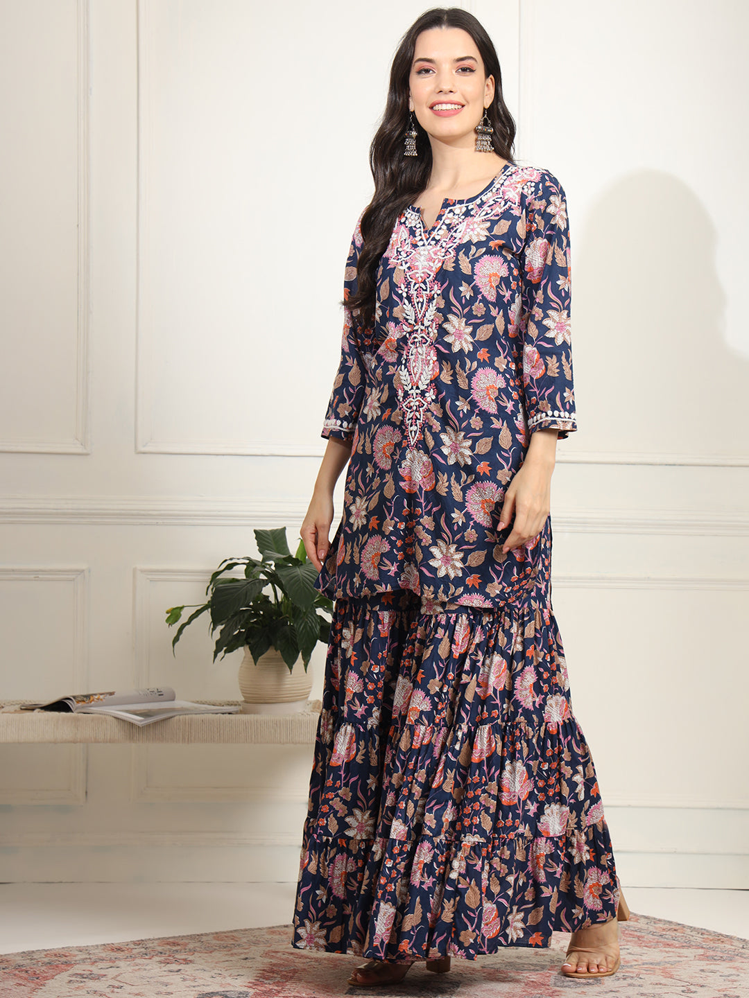 Women's Block Print Fusion With Chikankari Kurta And Sharara