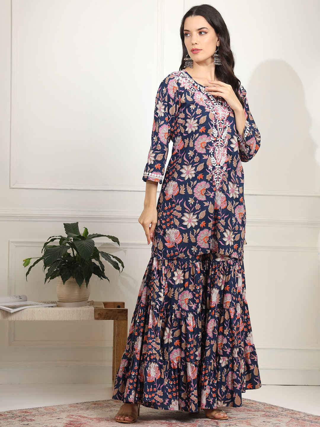 Women's Block Print Fusion With Chikankari Kurta And Sharara