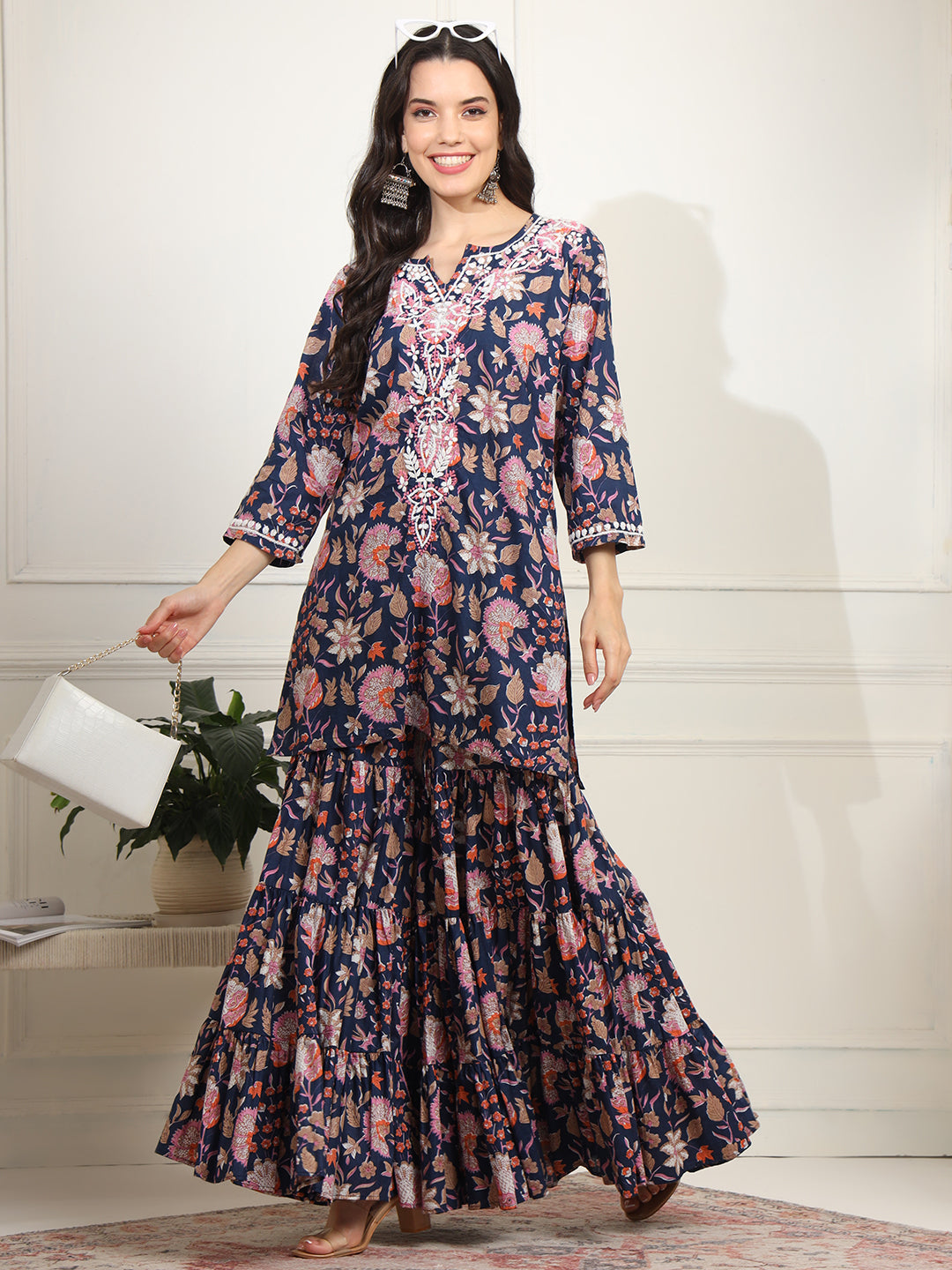 Women's Block Print Fusion With Chikankari Kurta And Sharara