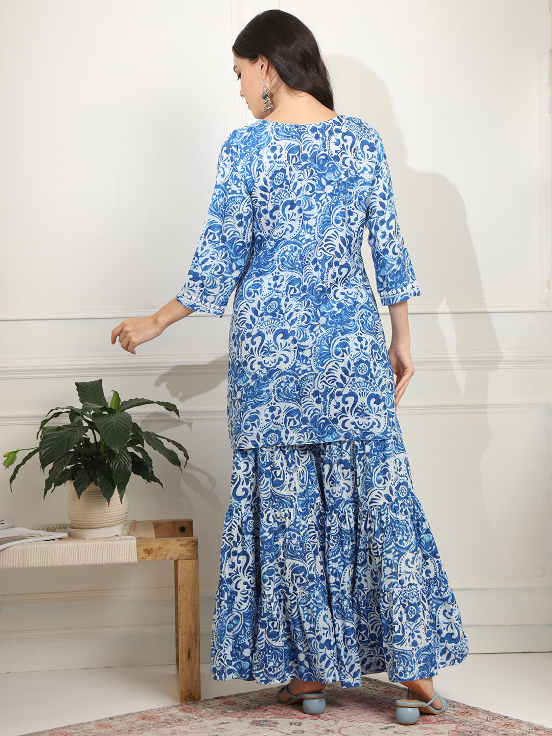 Women's Block Print With Chikankari Kurta And Sharara