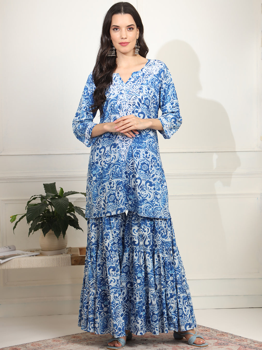 Women's Block Print With Chikankari Kurta And Sharara