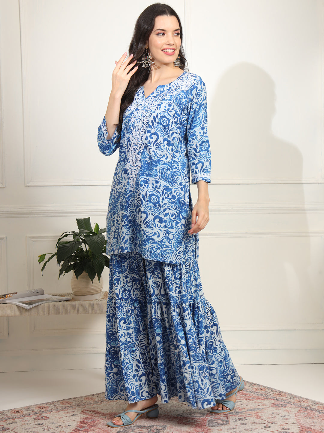 Women's Block Print With Chikankari Kurta And Sharara