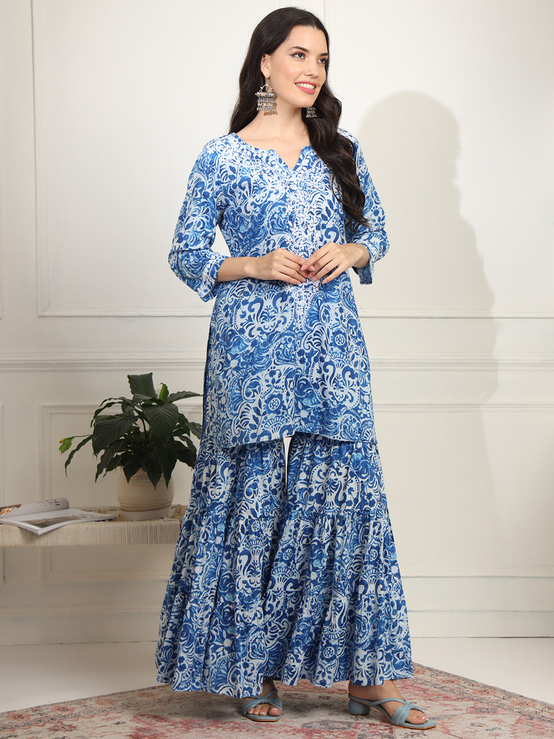 Women's Block Print With Chikankari Kurta And Sharara