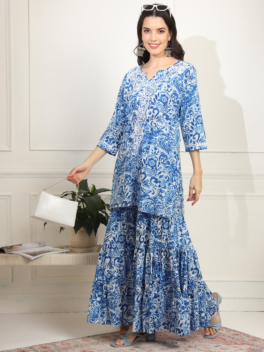 Women's Block Print With Chikankari Kurta And Sharara