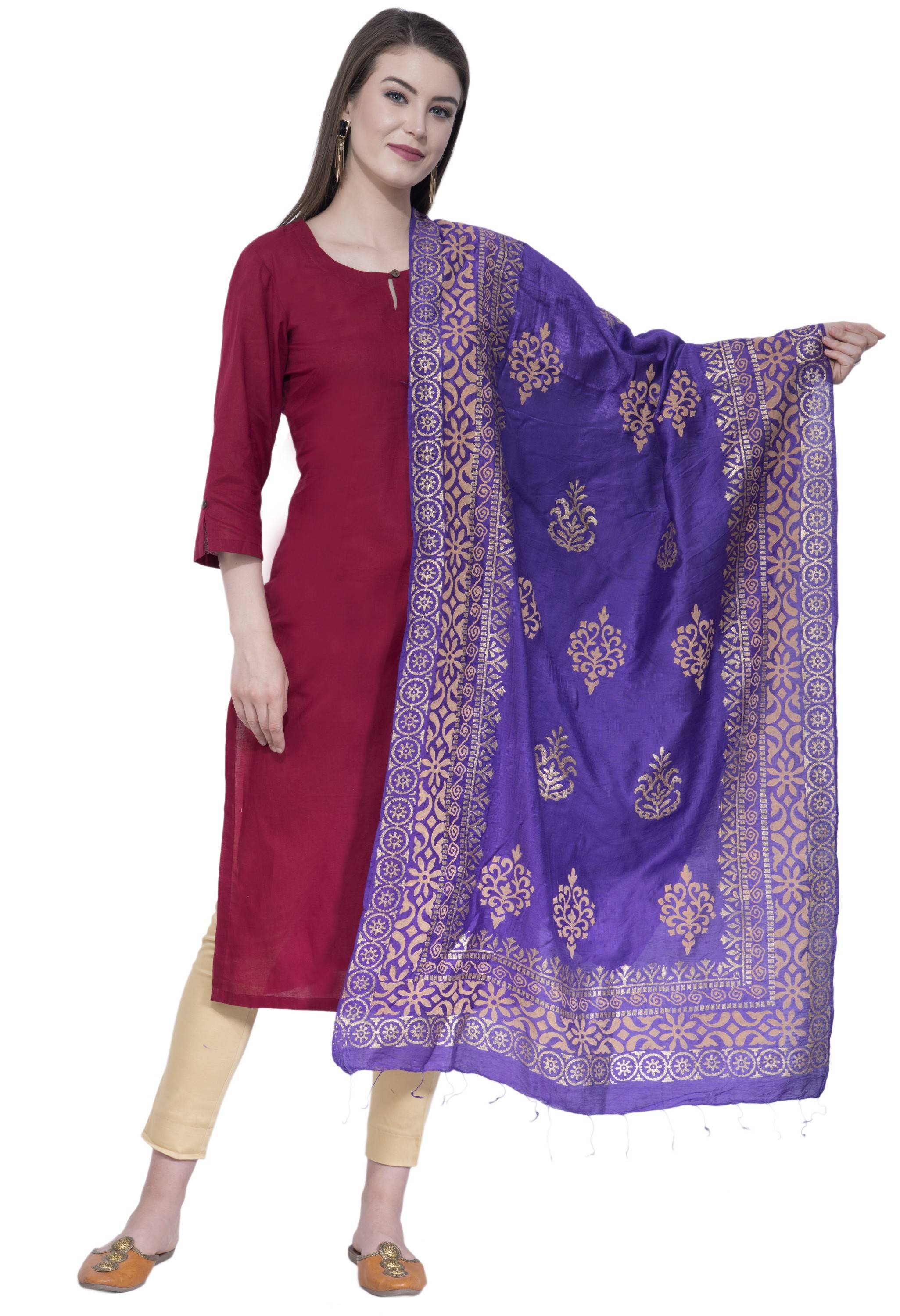 A R SILK Purple Color Chanderi Gold Print Dupattas