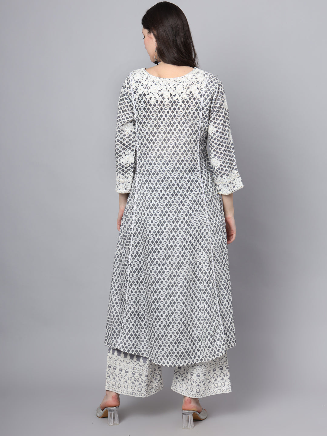 Women's White Blue Motif Print Rayon Kurta Palazzo Sets for Women - Taantav