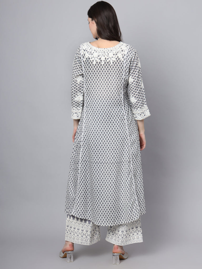 Women's White Blue Motif Print Rayon Kurta Palazzo Sets for Women