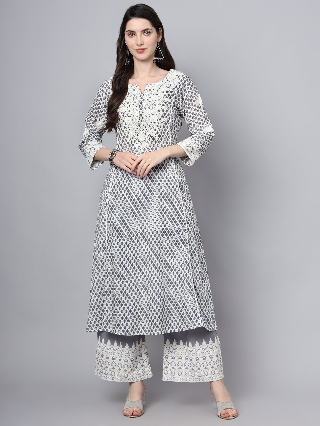Women's White Blue Motif Print Rayon Kurta Palazzo Sets for Women