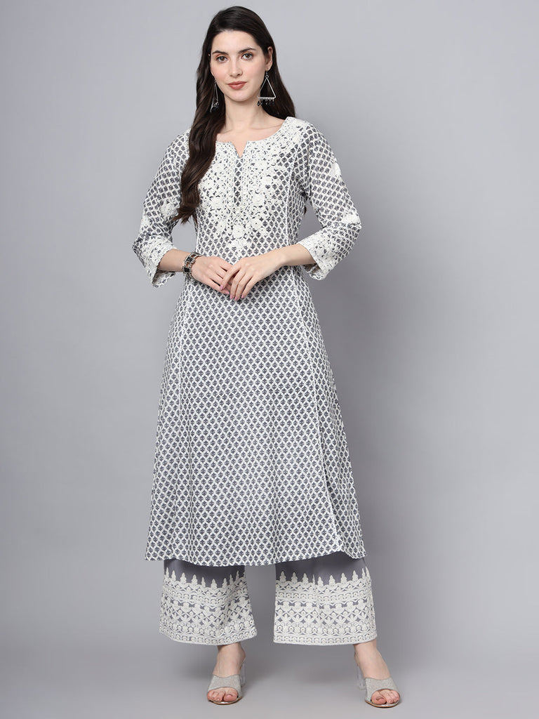 Women's White Blue Motif Print Rayon Kurta Palazzo Sets for Women