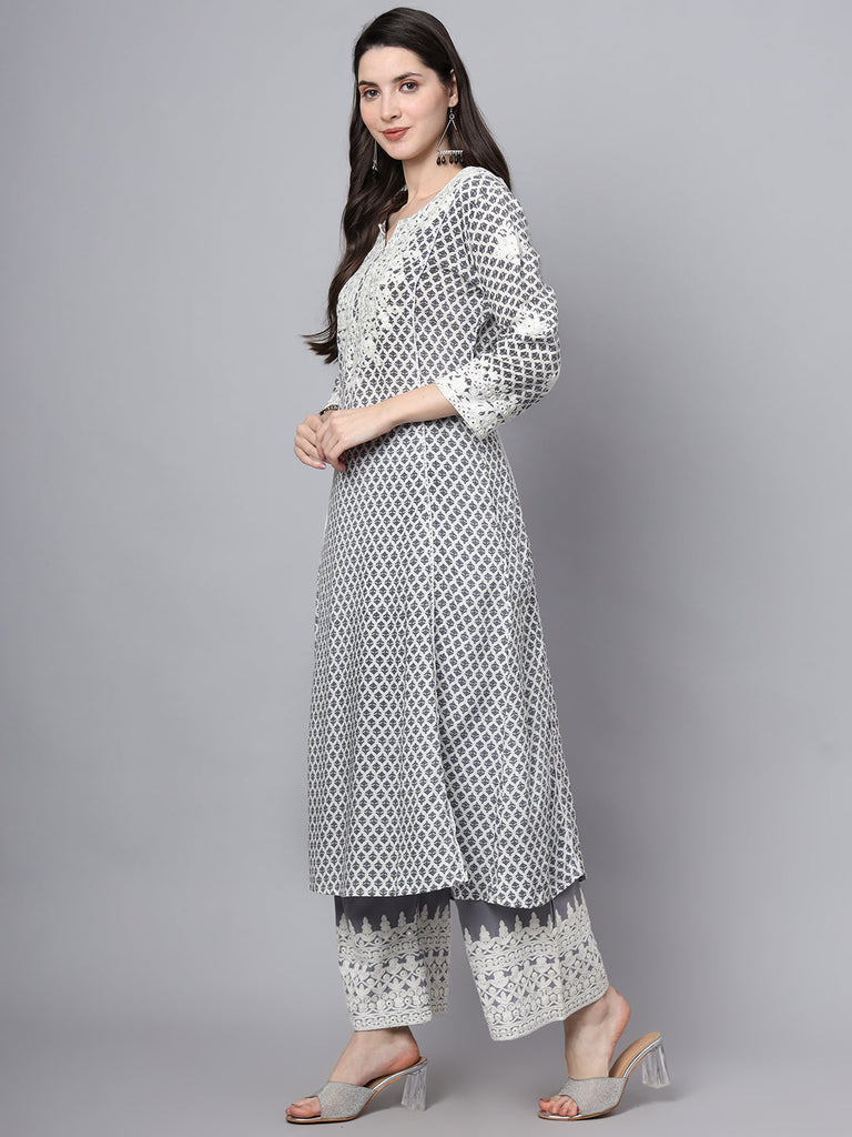 Women's White Blue Motif Print Rayon Kurta Palazzo Sets for Women