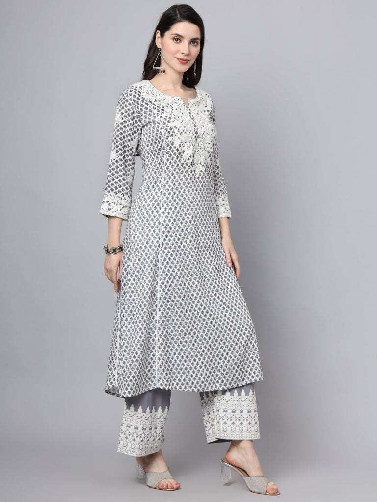 Women's White Blue Motif Print Rayon Kurta Palazzo Sets for Women