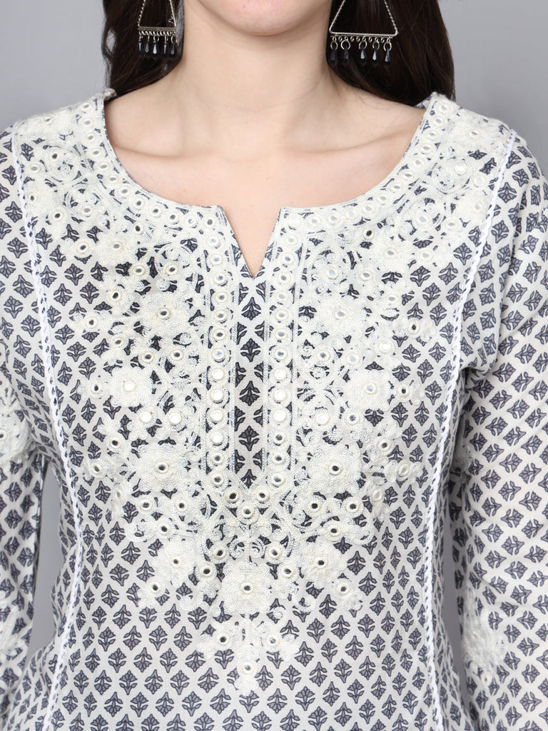 Women's White Blue Motif Print Rayon Kurta Palazzo Sets for Women