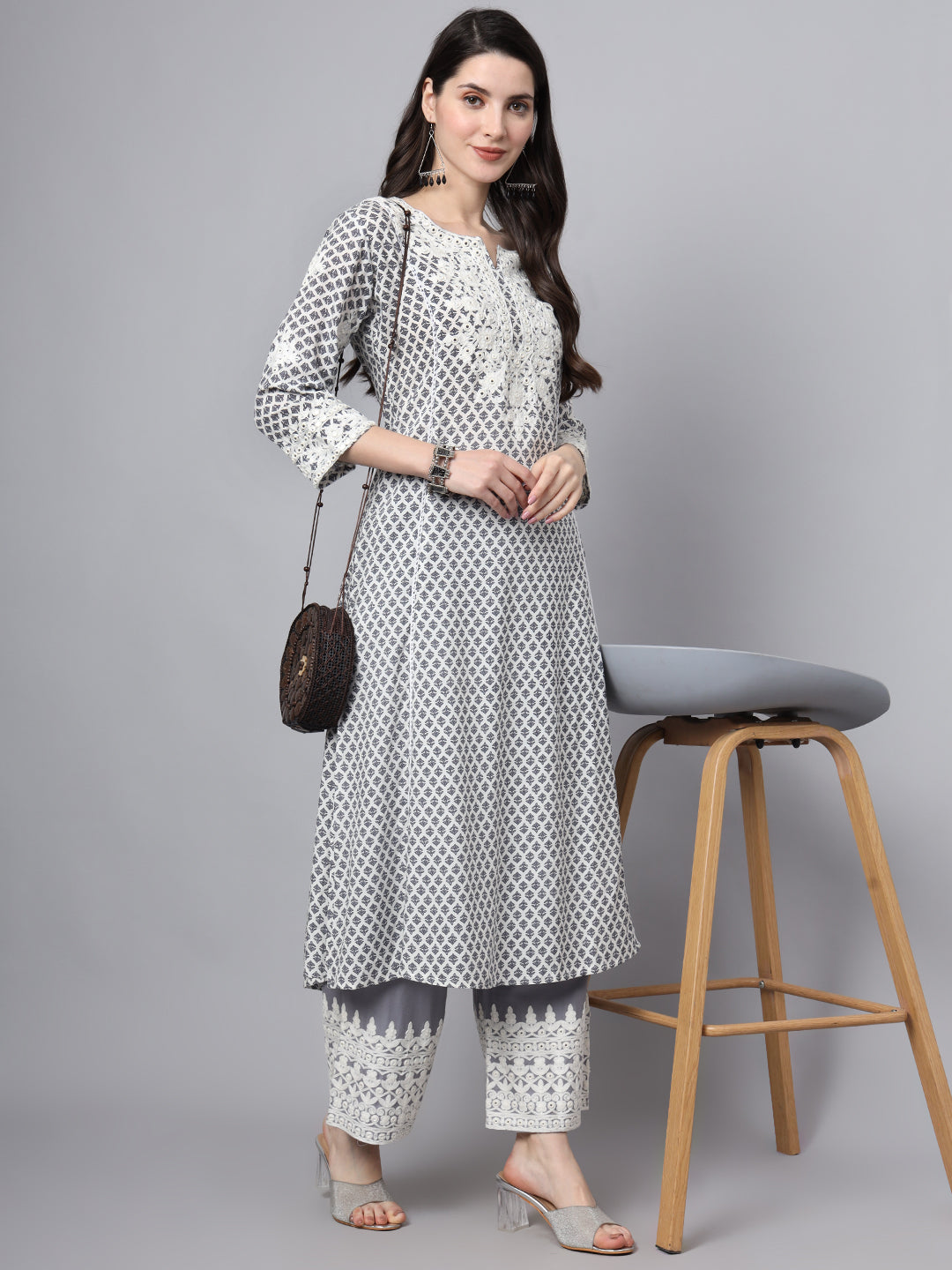 Women's White Blue Motif Print Rayon Kurta Palazzo Sets for Women - Taantav