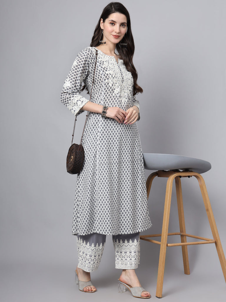 Women's White Blue Motif Print Rayon Kurta Palazzo Sets for Women