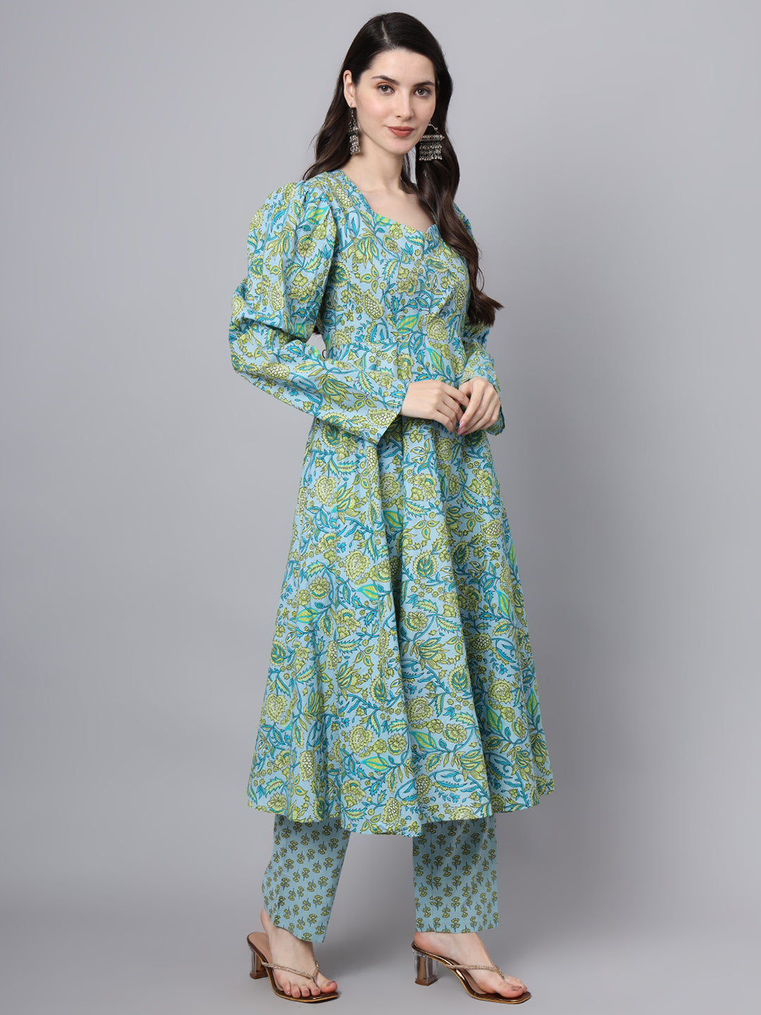 Women's Floral Printed Sky Blue Cotton Anarkali Kurta Pant Dupatta Set - Taantav