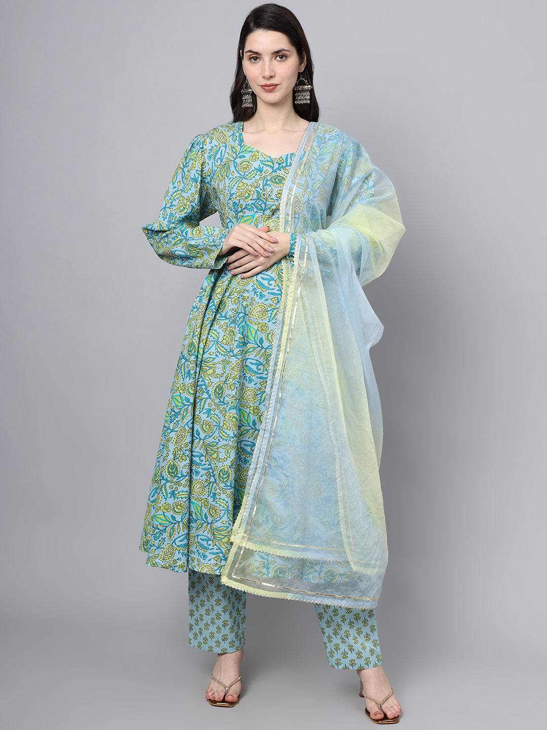 Women's Floral Printed Sky Blue Cotton Anarkali Kurta Pant Dupatta Set - Taantav