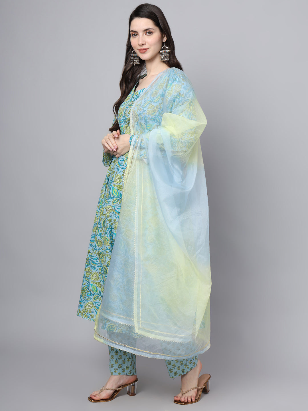 Women's Floral Printed Sky Blue Cotton Anarkali Kurta Pant Dupatta Set - Taantav