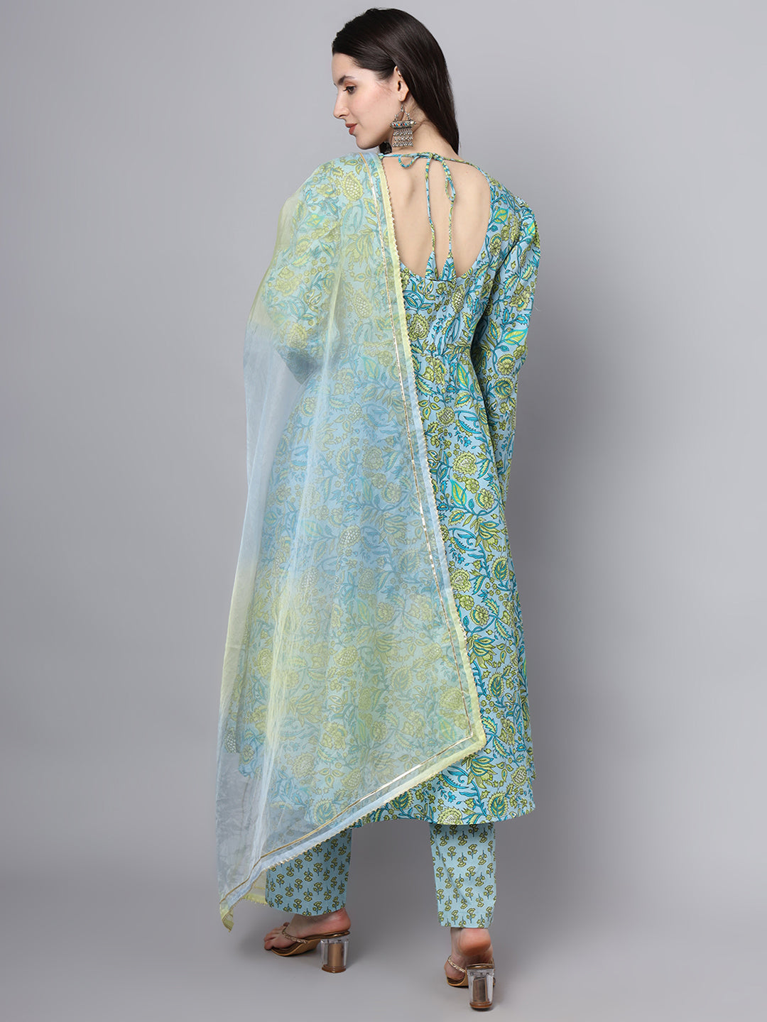 Women's Floral Printed Sky Blue Cotton Anarkali Kurta Pant Dupatta Set - Taantav