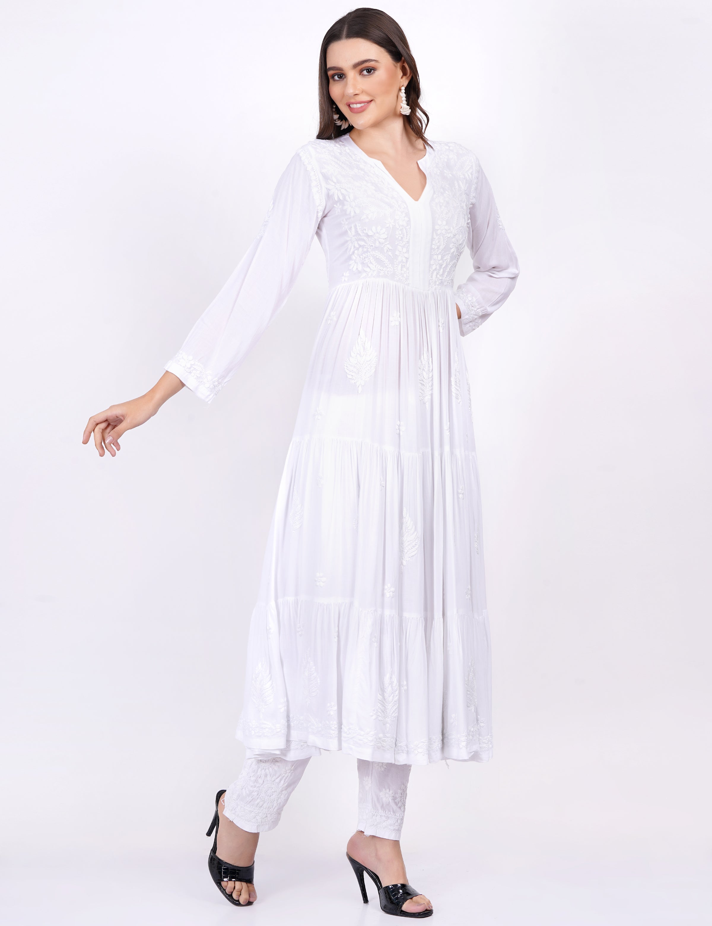 Women's White Modal Chikankari Three Layer Dress