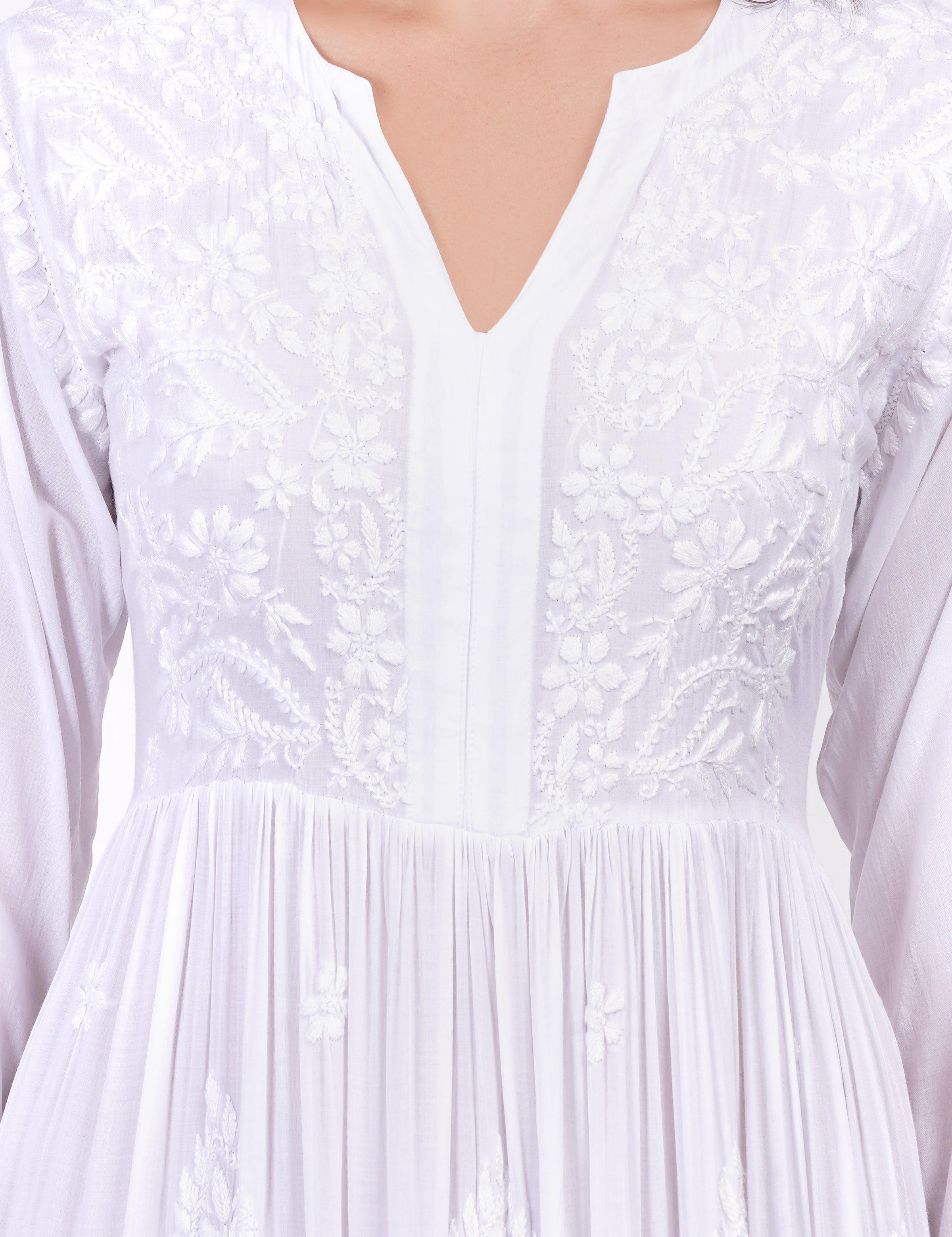Women's White Modal Chikankari Three Layer Dress