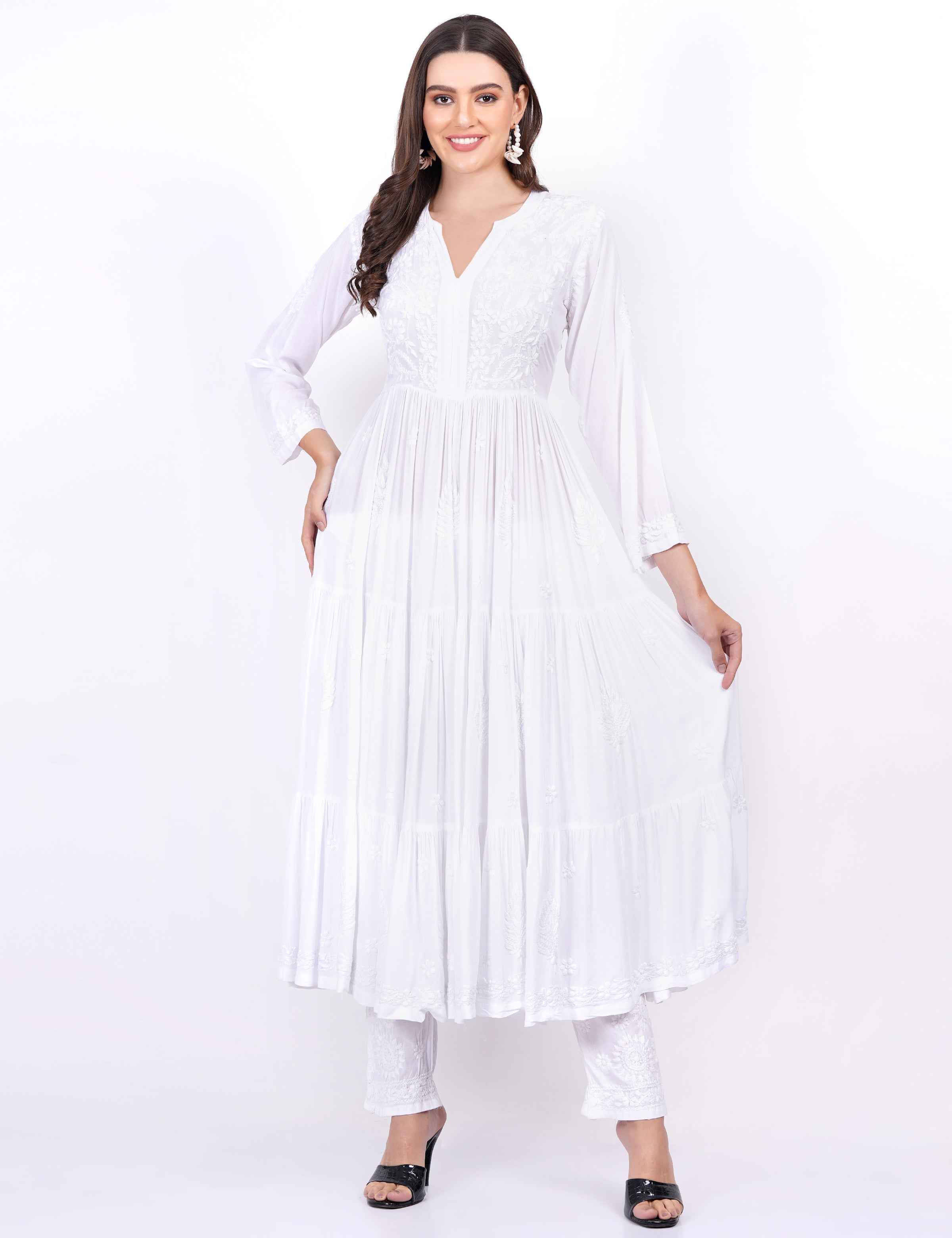 Women's White Modal Chikankari Three Layer Dress