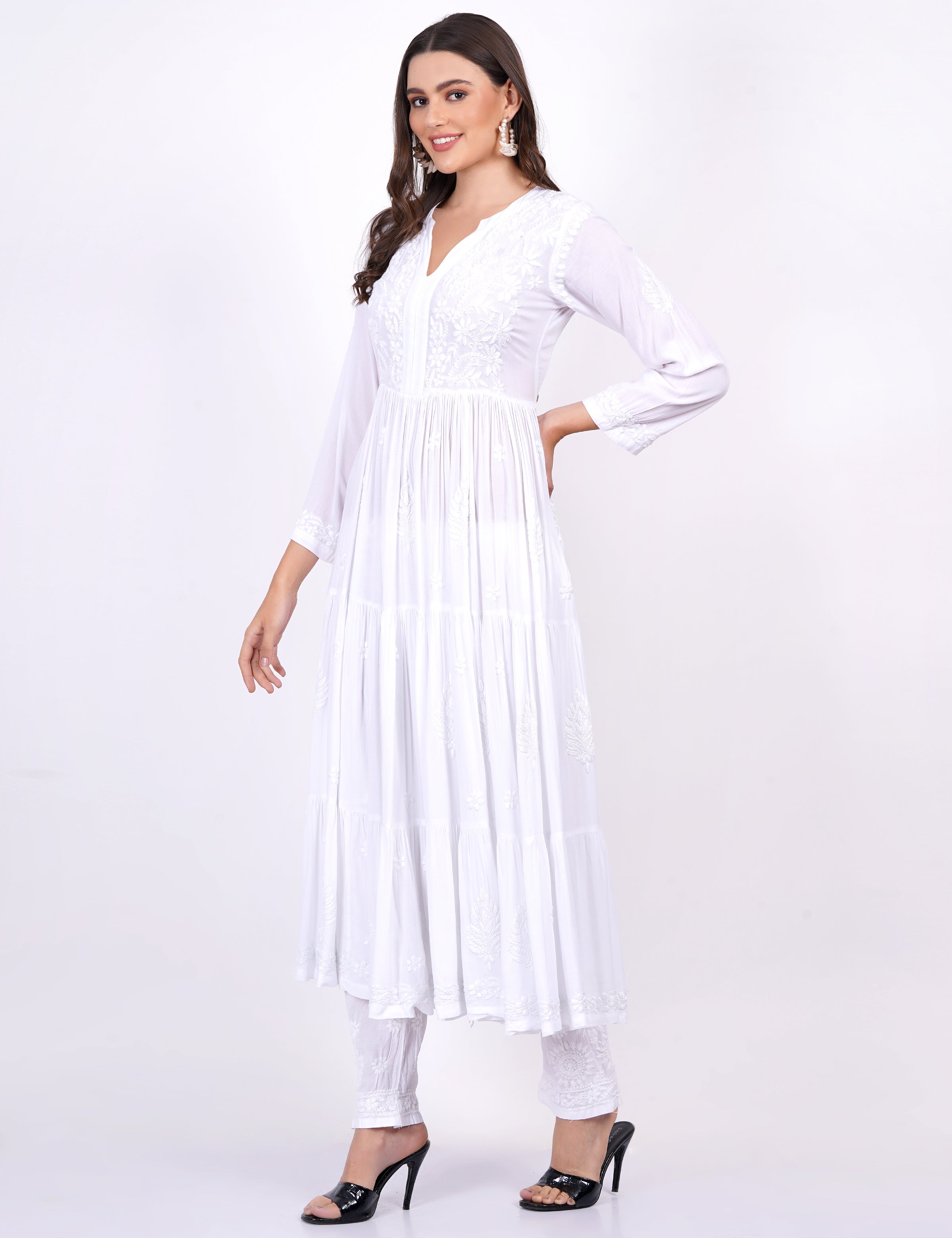 Women's White Modal Chikankari Three Layer Dress