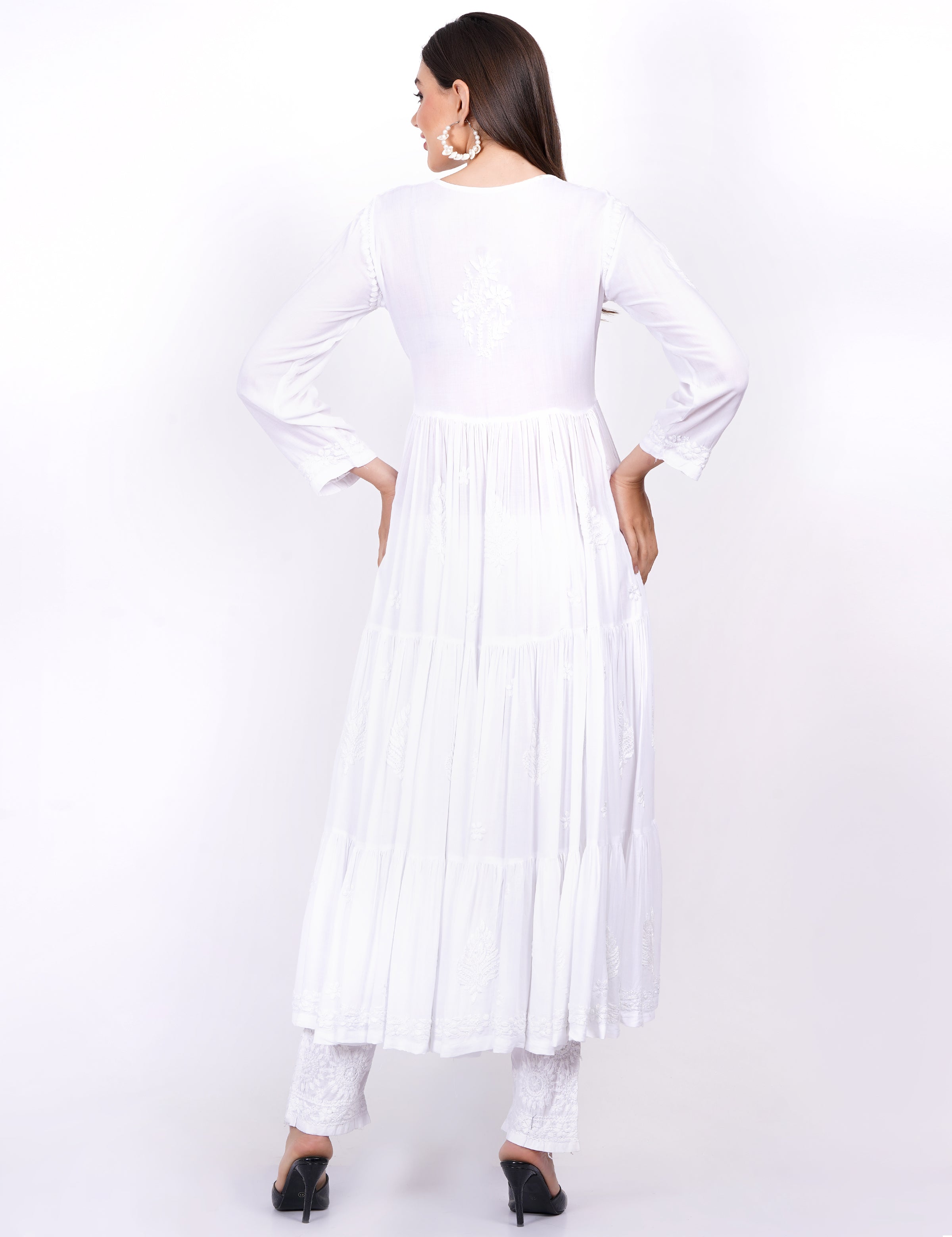 Women's White Modal Chikankari Three Layer Dress