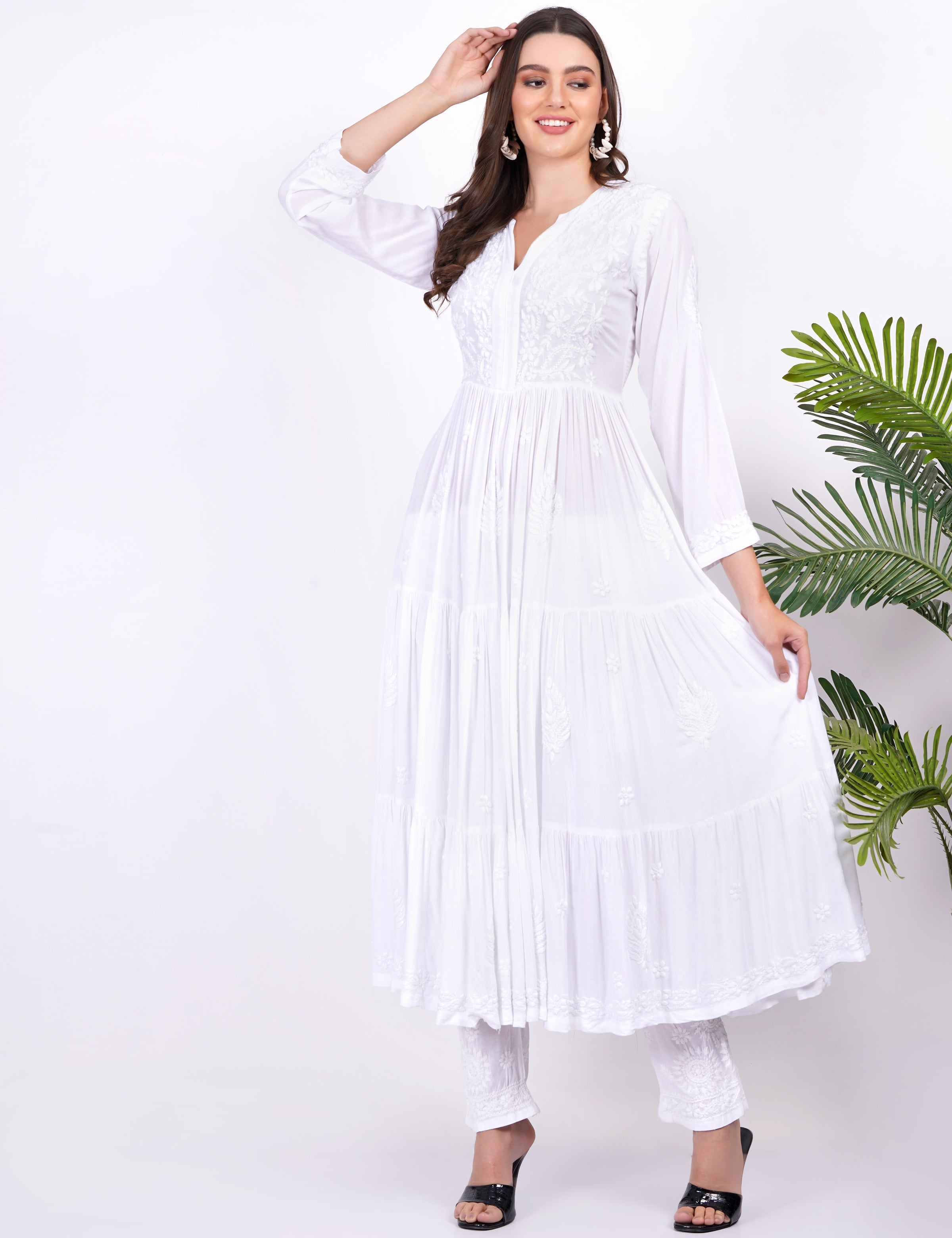 Women's White Modal Chikankari Three Layer Dress