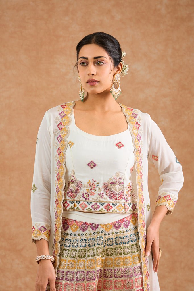 Women's Off White Viscose Floral Straight Sharara Set