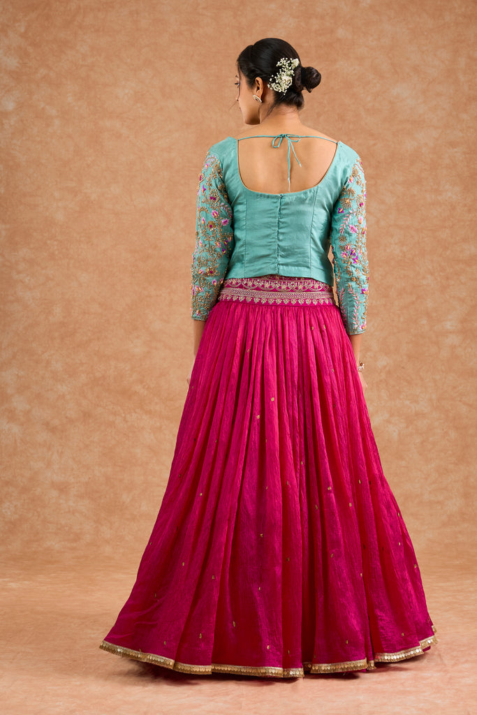 Women's Pink Viscose Silk Floral Straight Lehenga Set