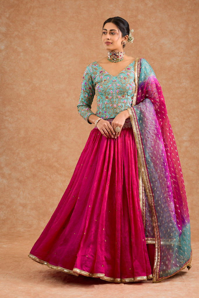 Women's Pink Viscose Silk Floral Straight Lehenga Set
