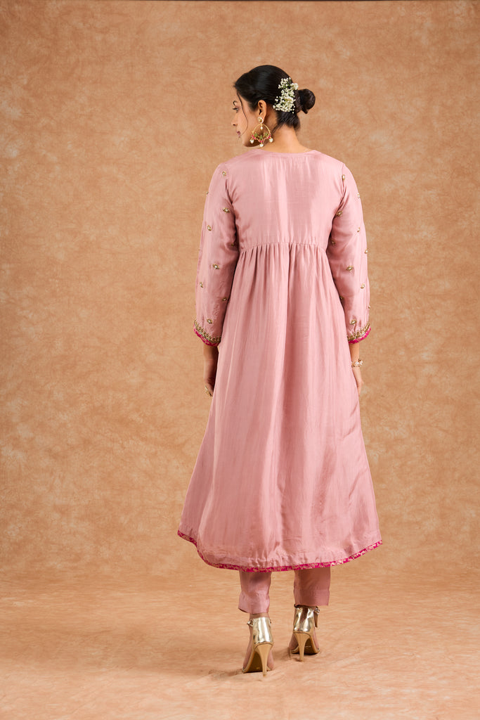 Women's Pink Viscose Opara Silk Floral A-Line Kurta Set