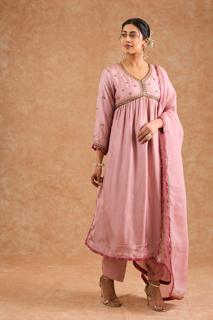 Women's Pink Viscose Opara Silk Floral A-Line Kurta Set