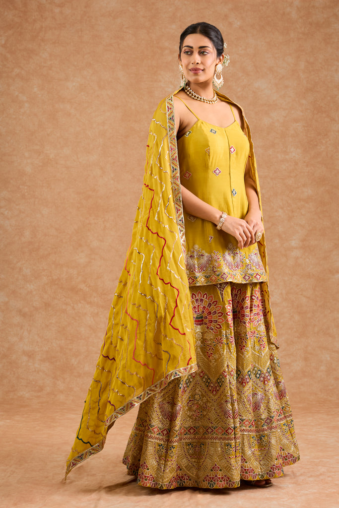 Women's Yellow Viscose Floral A-Line Sharara Set