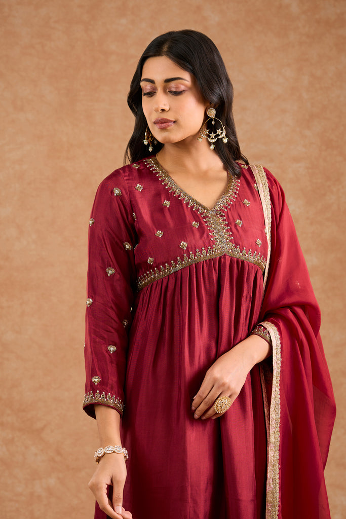 Women's Maroon Viscose Opara Silk Floral A-Line Kurta Set