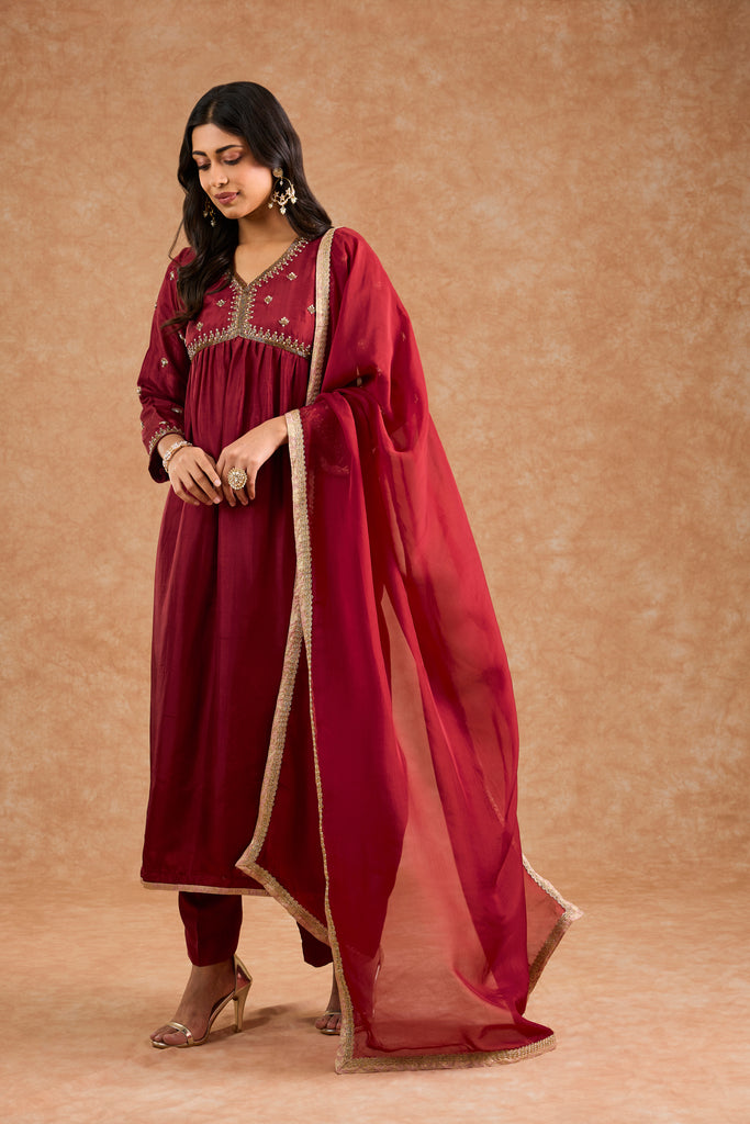 Women's Maroon Viscose Opara Silk Floral A-Line Kurta Set