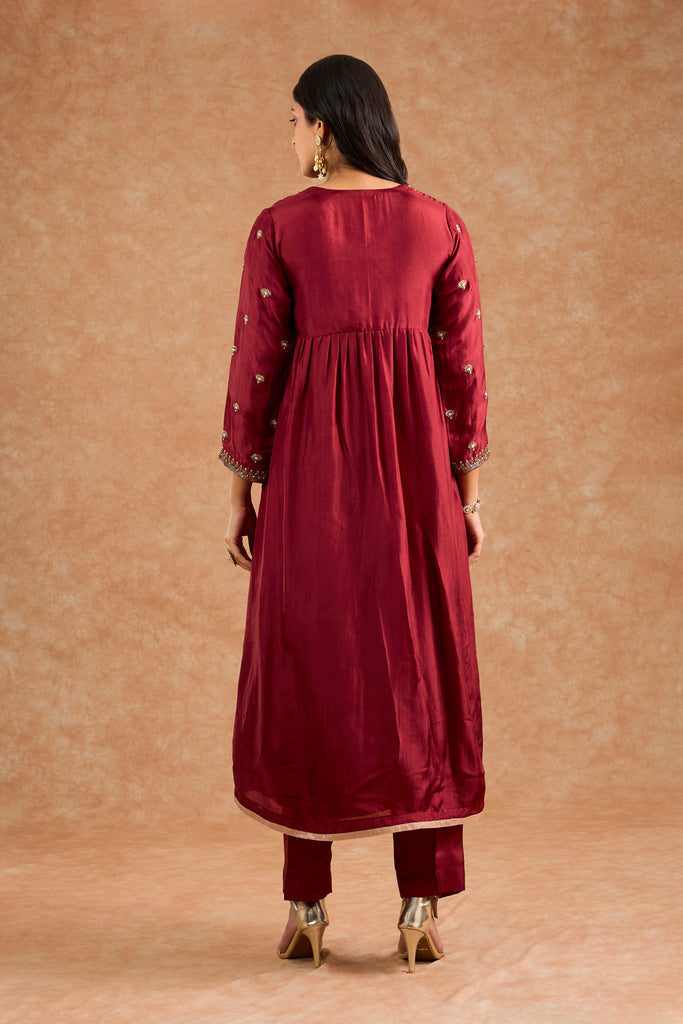 Women's Maroon Viscose Opara Silk Floral A-Line Kurta Set