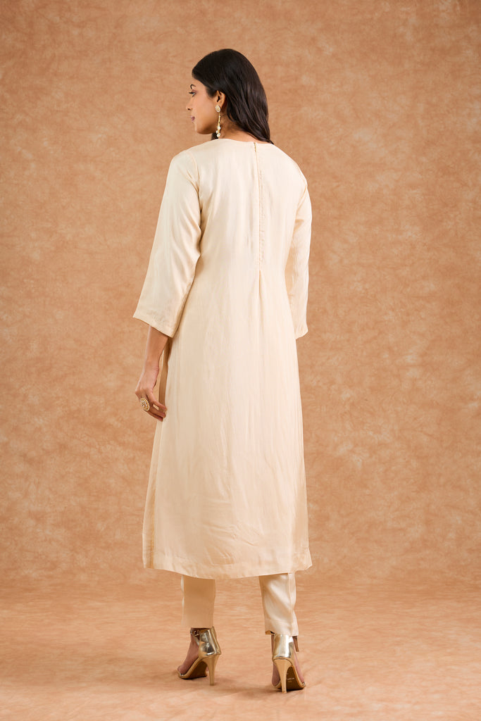 Women's Ivory Viscose Opara Silk Floral Straight Kurta Set
