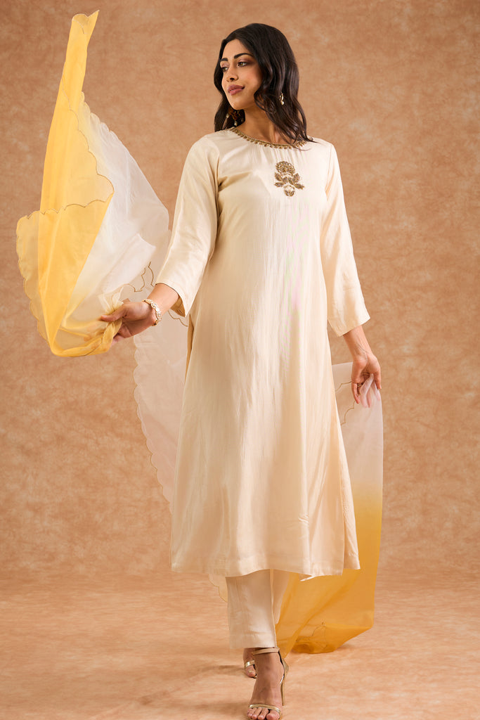 Women's Ivory Viscose Opara Silk Floral Straight Kurta Set