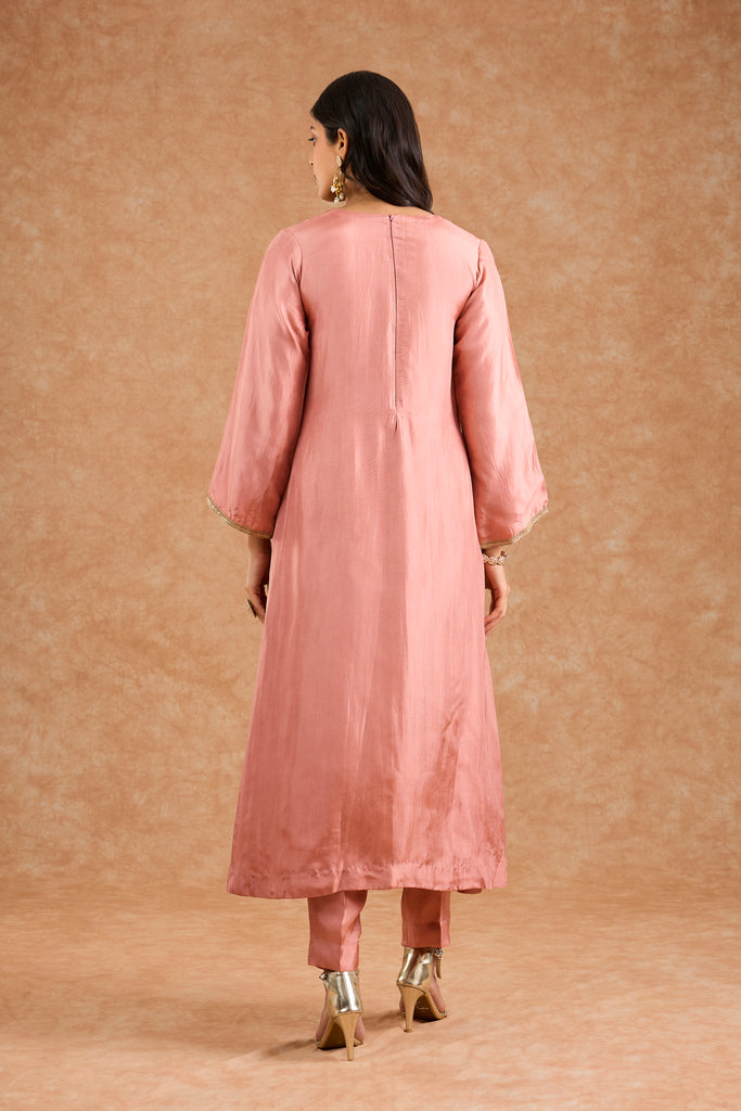 Women's Peach Viscose Opara Silk Floral A-Line Kurta Set