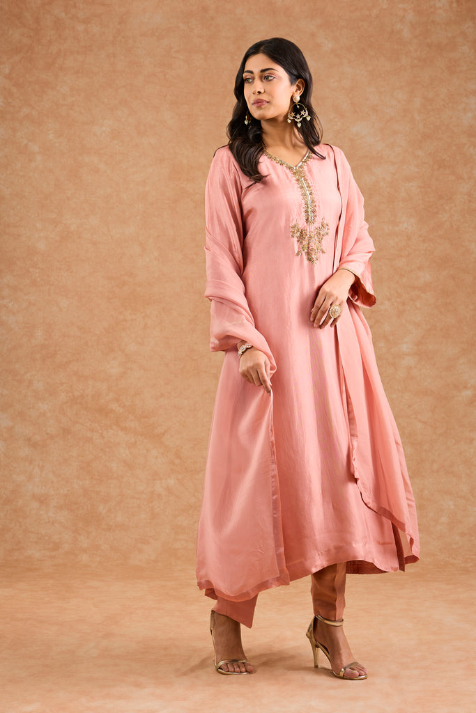 Women's Peach Viscose Opara Silk Floral A-Line Kurta Set