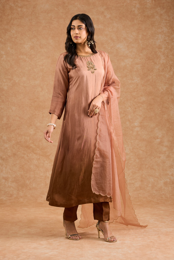 Women's Brown Viscose Opara Silk Floral A-Line Kurta Set