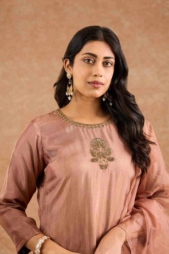 Women's Brown Viscose Opara Silk Floral A-Line Kurta Set