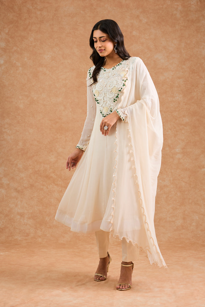 Women's Ivory Vicose Georgette Floral Anarkali Anarkali Set