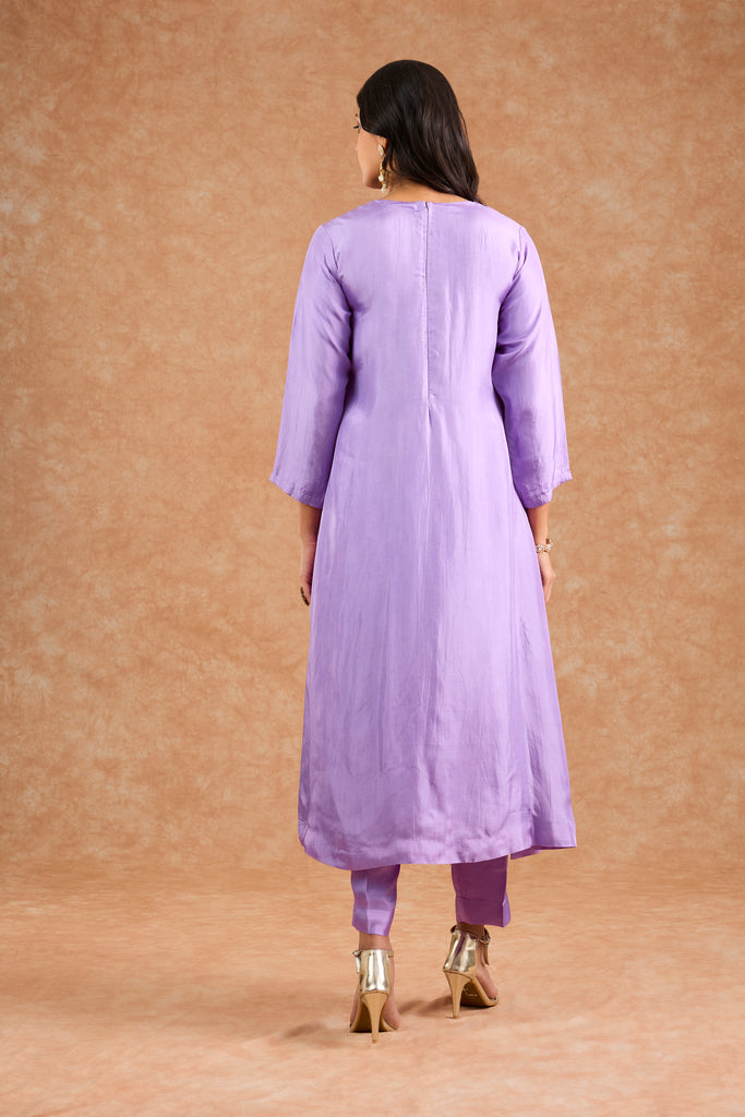 Women's Purple Viscose Opara Silk Floral A-Line Kurta Set