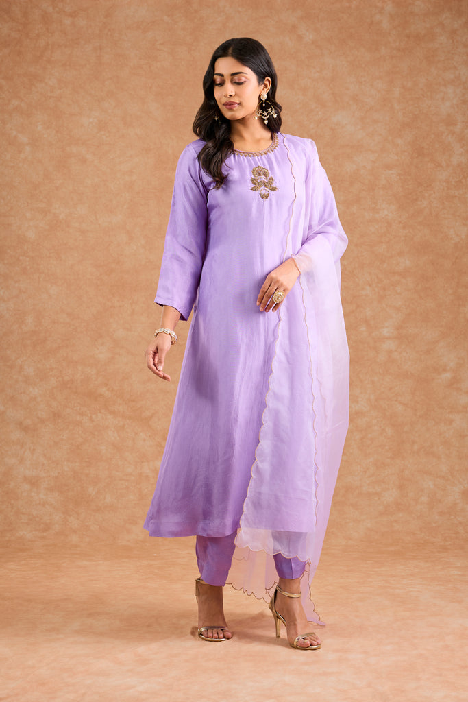 Women's Purple Viscose Opara Silk Floral A-Line Kurta Set