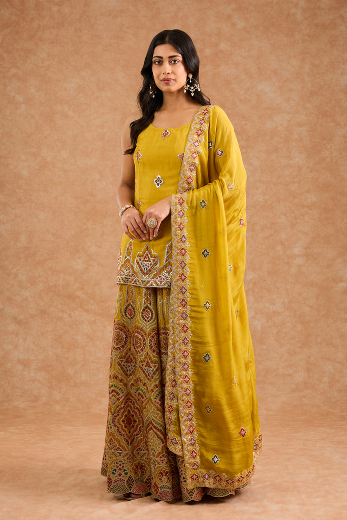 Women's Yellow Viscose Floral Straight Sharara Set