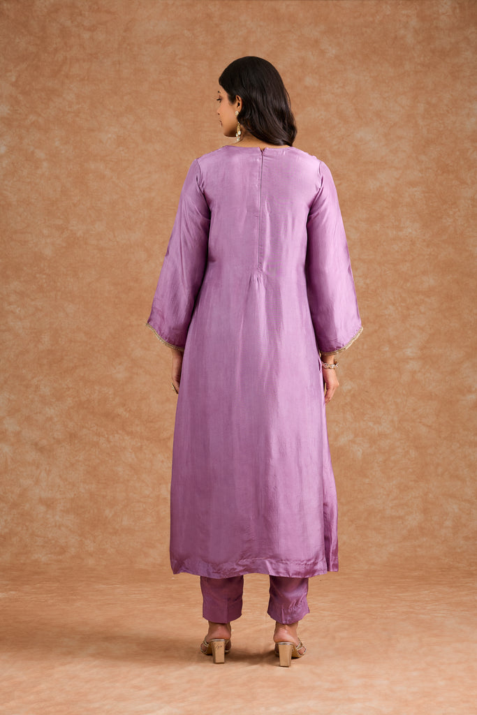 Women's Purple Viscose Opara Silk Floral A-Line Kurta Set